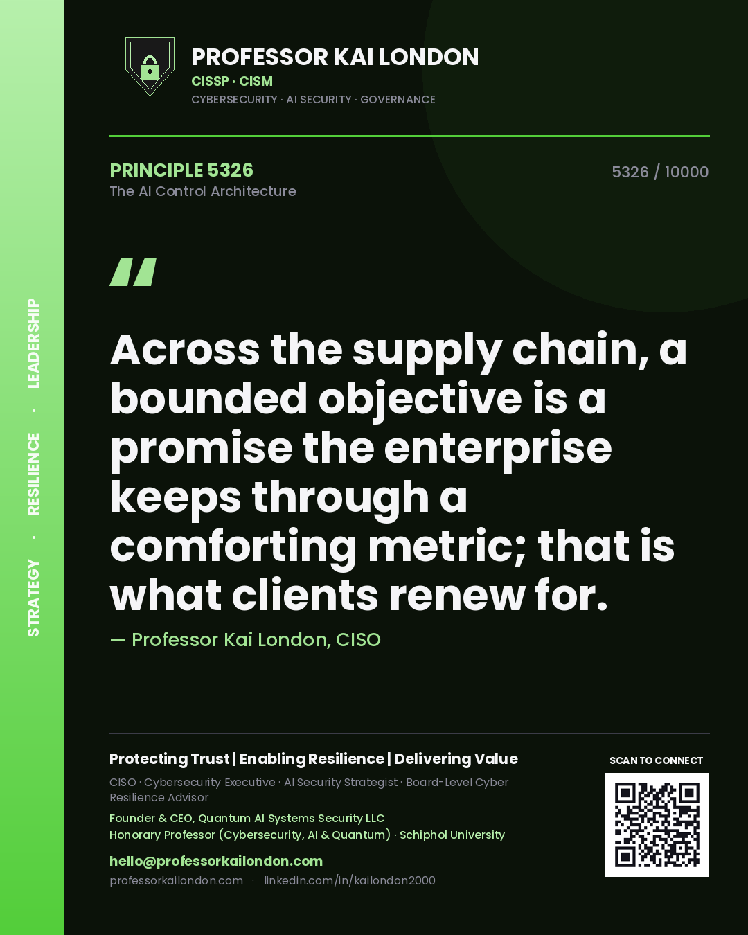 Quote card by Professor Kai London reading 'Across the supply chain, a bounded objective is a promise the enterprise keeps through a comforting metric; that is what clients renew for.'. From the book The AI Control Architecture.