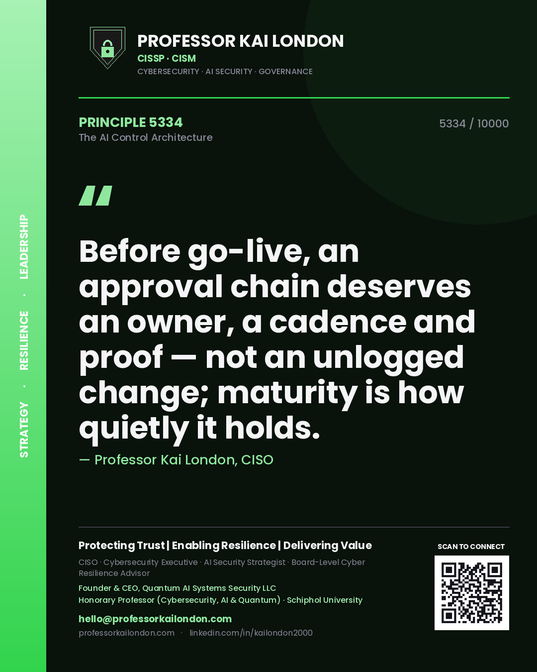 Quote card by Professor Kai London reading 'Before go-live, an approval chain deserves an owner, a cadence and proof — not an unlogged change; maturity is how quietly it holds.'. From the book The AI Control Architecture.