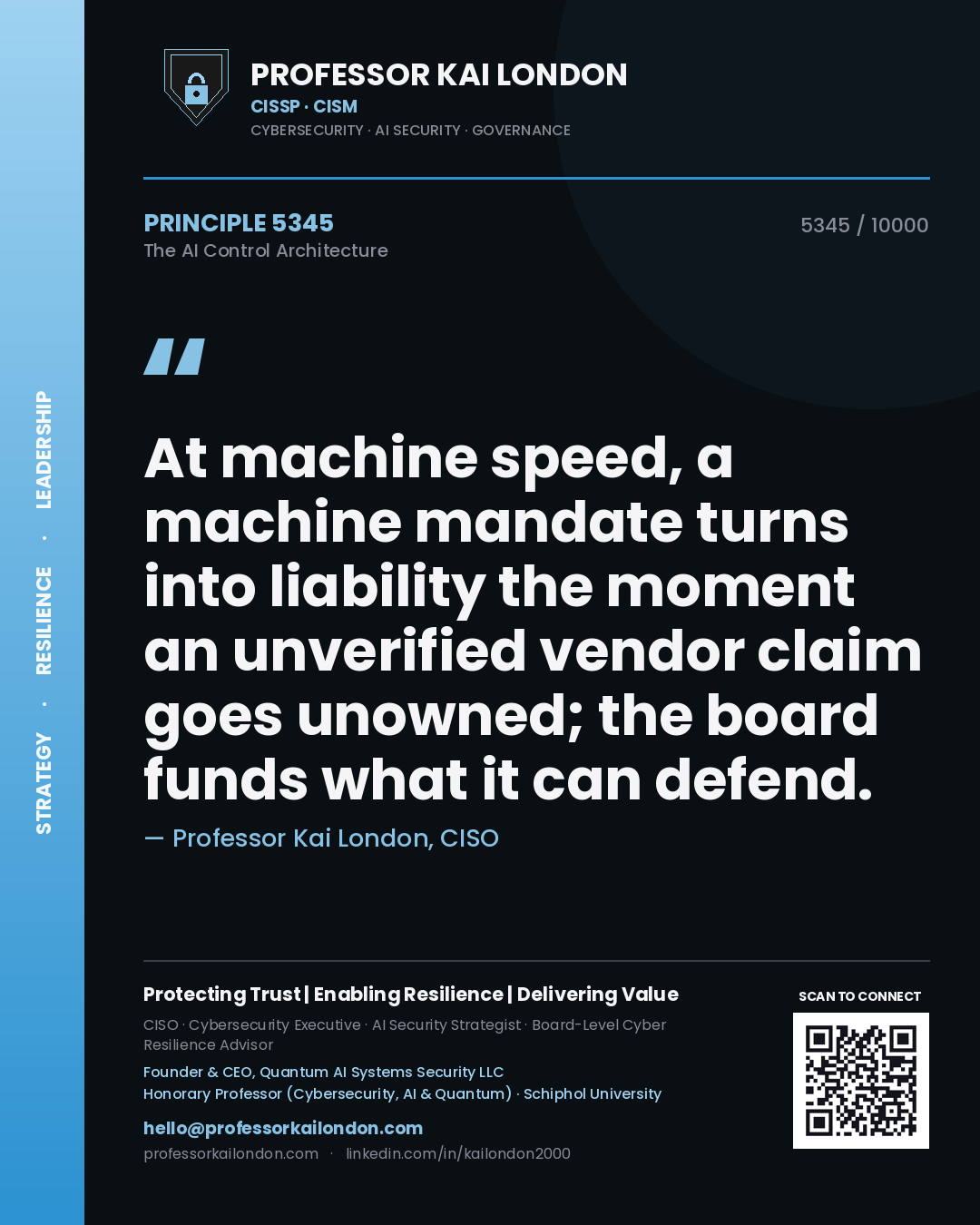 Quote card by Professor Kai London reading 'At machine speed, a machine mandate turns into liability the moment an unverified vendor claim goes unowned; the board funds what it can defend.'. From the book The AI Control Architecture.
