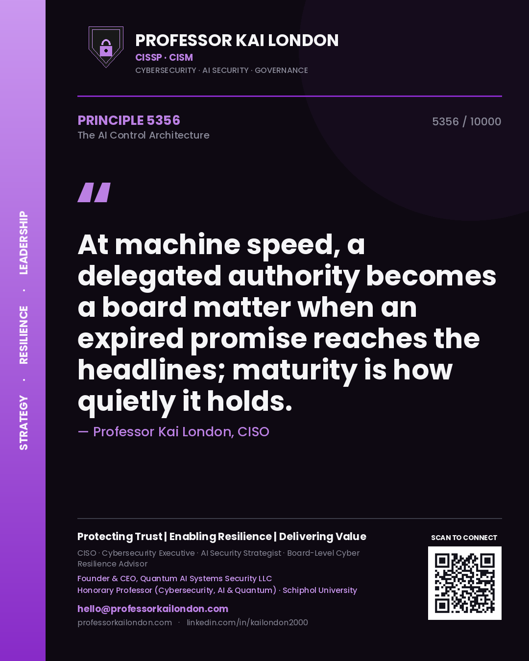 Professor Kai London principle 5356: At machine speed, a delegated authority becomes a board matter when an expired promise reaches the headlines; maturity is how quietly it holds.