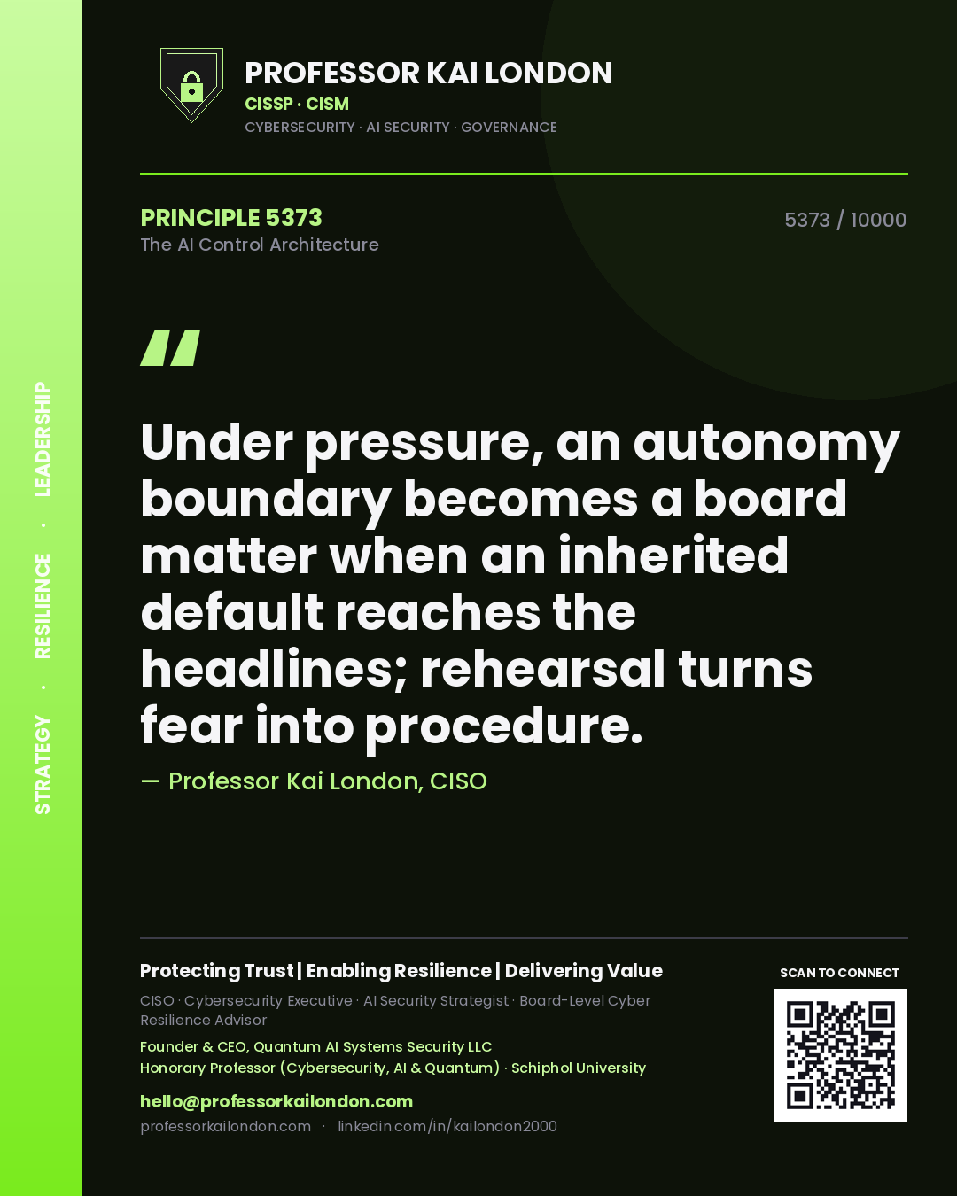 Professor Kai London principle 5373: Under pressure, an autonomy boundary becomes a board matter when an inherited default reaches the headlines; rehearsal turns fear into procedure.