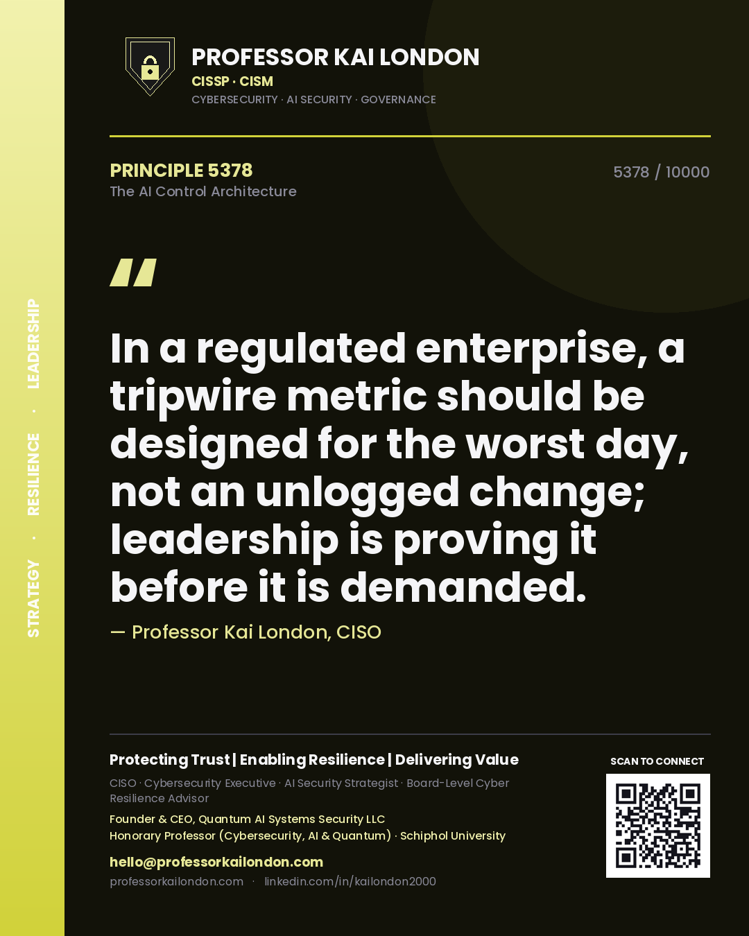 Quote card by Professor Kai London reading 'In a regulated enterprise, a tripwire metric should be designed for the worst day, not an unlogged change; leadership is proving it before it is demanded.'. From the book The AI Control Architecture.
