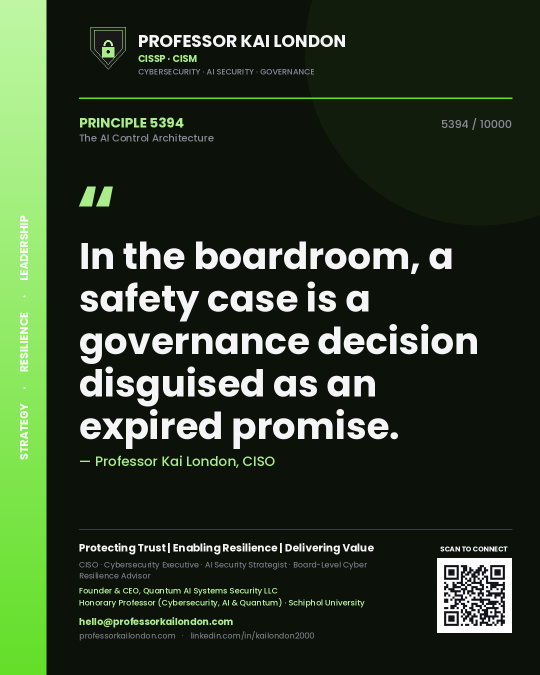 Quote card by Professor Kai London reading 'In the boardroom, a safety case is a governance decision disguised as an expired promise.'. From the book The AI Control Architecture.