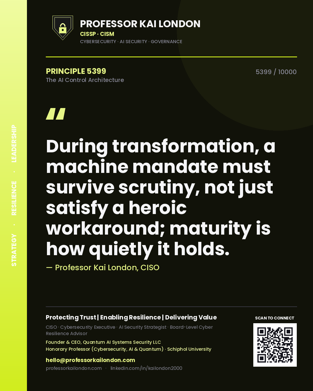 Professor Kai London principle 5399: During transformation, a machine mandate must survive scrutiny, not just satisfy a heroic workaround; maturity is how quietly it holds.