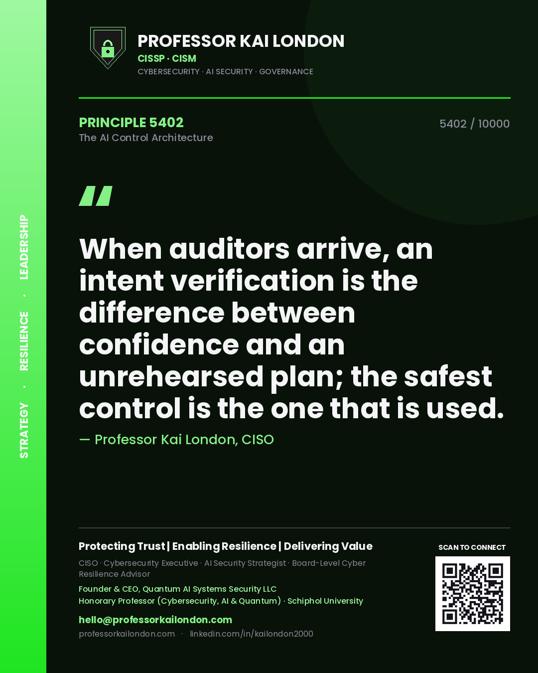 Professor Kai London principle 5402: When auditors arrive, an intent verification is the difference between confidence and an unrehearsed plan; the safest control is the one that is used.