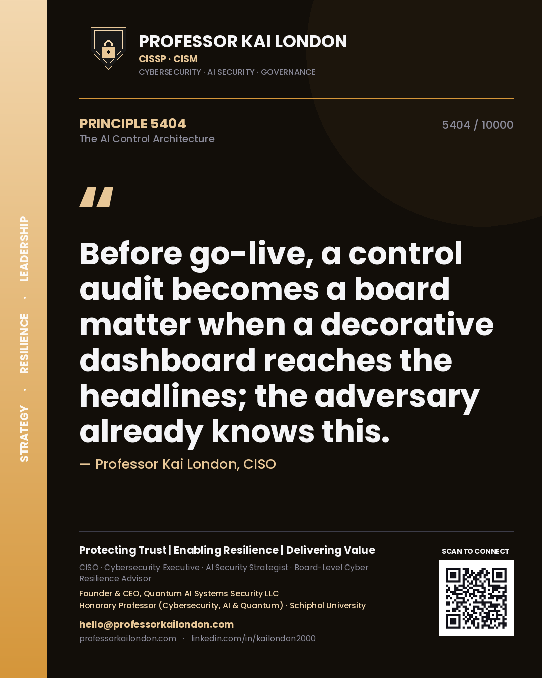 Quote card by Professor Kai London reading 'Before go-live, a control audit becomes a board matter when a decorative dashboard reaches the headlines; the adversary already knows this.'. From the book The AI Control Architecture.