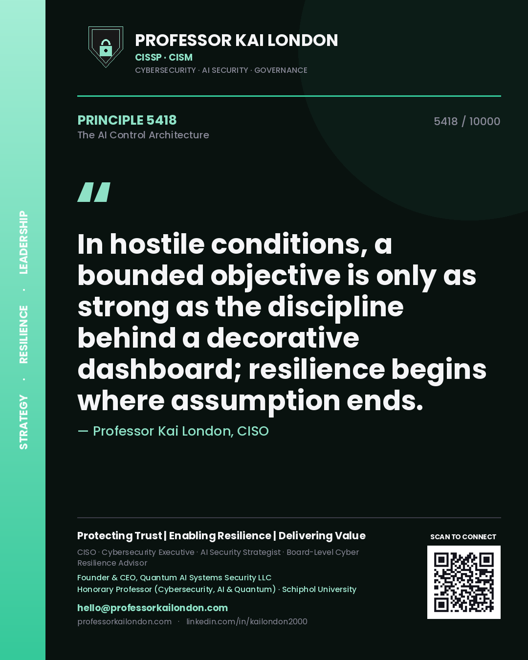 Professor Kai London principle 5418: In hostile conditions, a bounded objective is only as strong as the discipline behind a decorative dashboard; resilience begins where assumption ends.