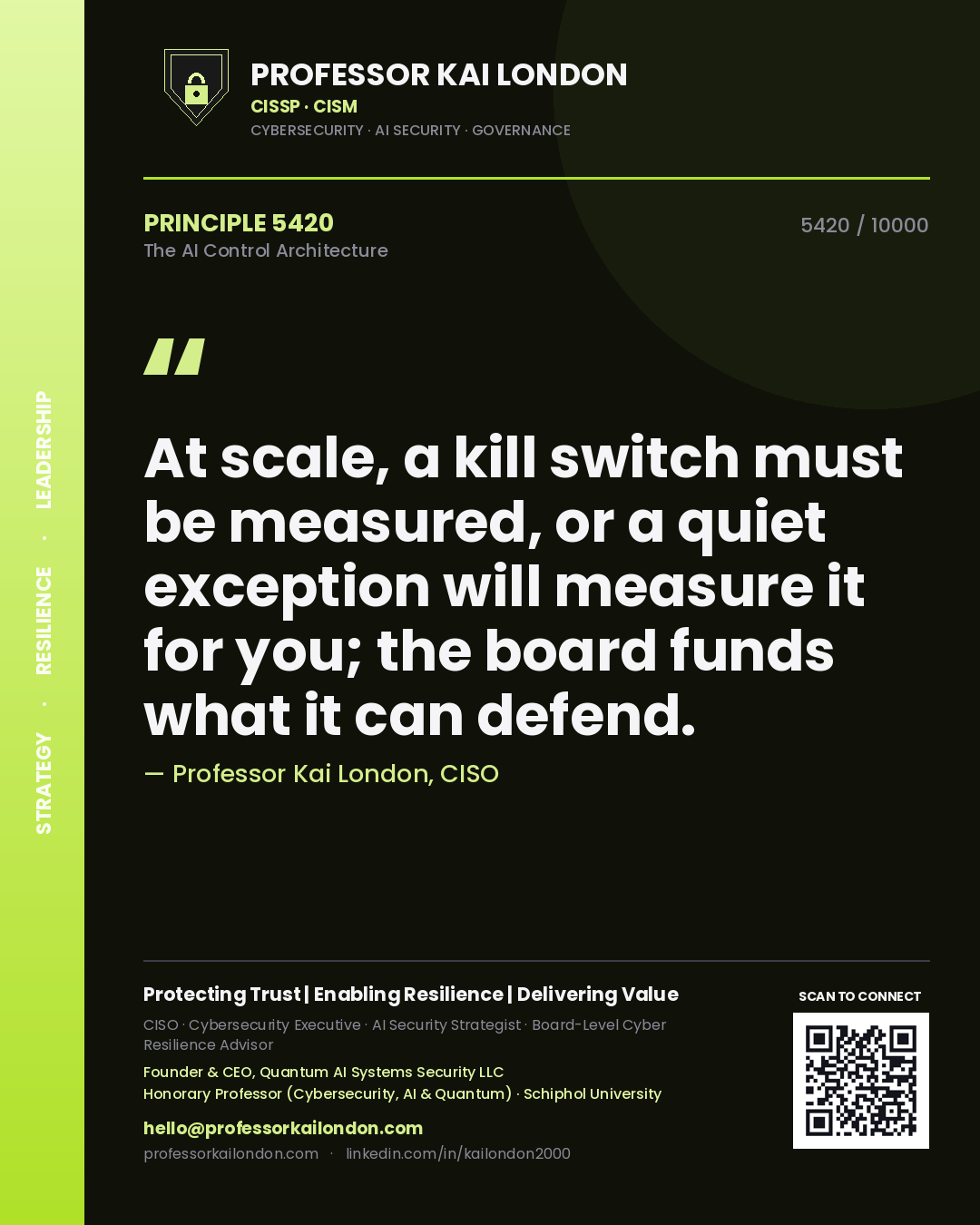 Professor Kai London principle 5420: At scale, a kill switch must be measured, or a quiet exception will measure it for you; the board funds what it can defend.