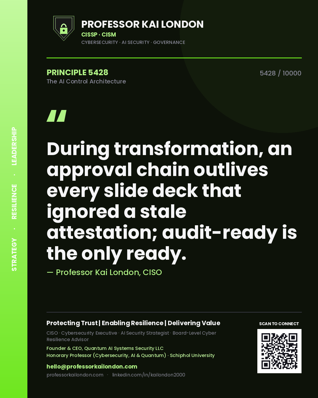 Professor Kai London principle 5428: During transformation, an approval chain outlives every slide deck that ignored a stale attestation; audit-ready is the only ready.