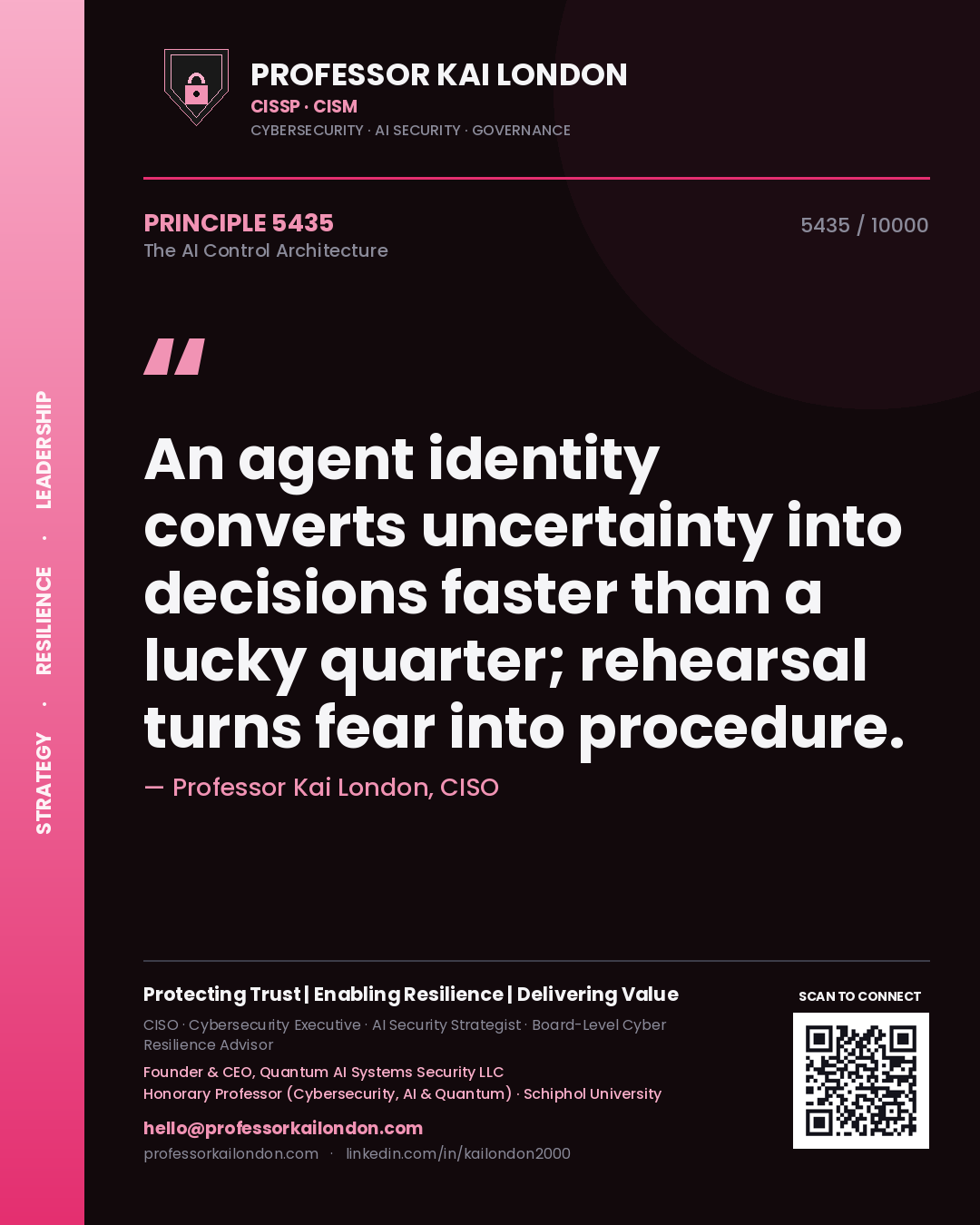 Professor Kai London principle 5435: An agent identity converts uncertainty into decisions faster than a lucky quarter; rehearsal turns fear into procedure.