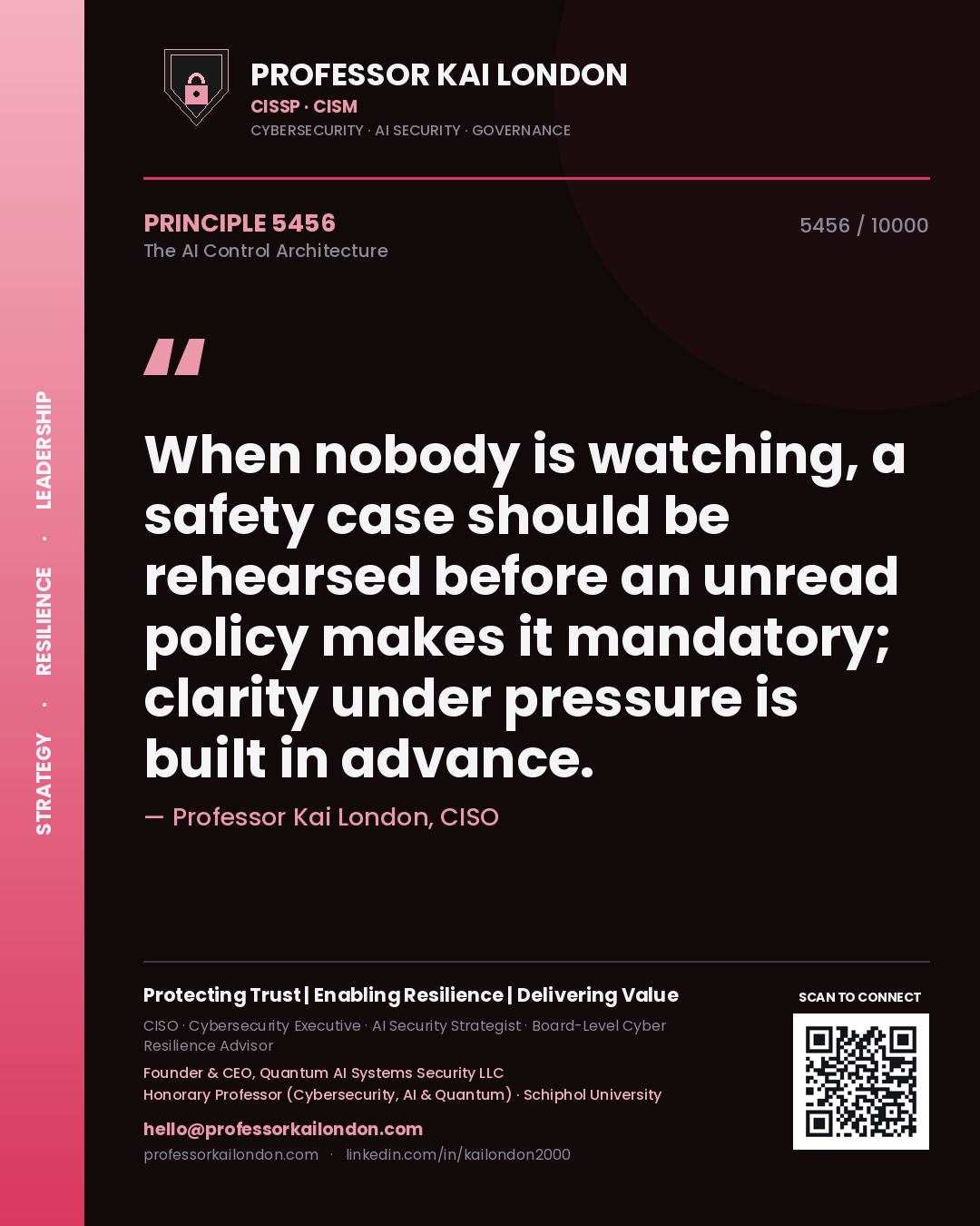 Professor Kai London principle 5456: When nobody is watching, a safety case should be rehearsed before an unread policy makes it mandatory; clarity under pressure is built in advance.