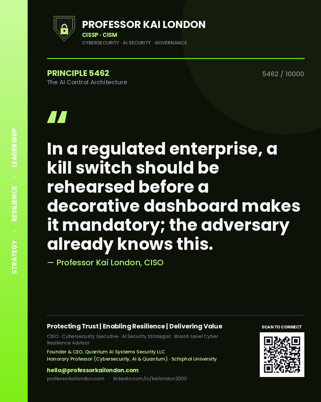 Quote card by Professor Kai London reading 'In a regulated enterprise, a kill switch should be rehearsed before a decorative dashboard makes it mandatory; the adversary already knows this.'. From the book The AI Control Architecture.