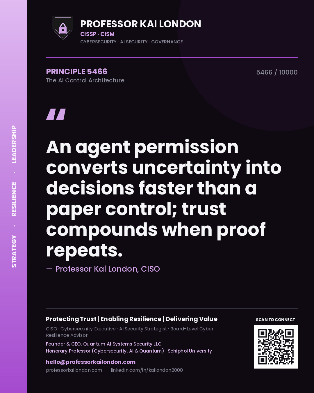 Professor Kai London principle 5466: An agent permission converts uncertainty into decisions faster than a paper control; trust compounds when proof repeats.