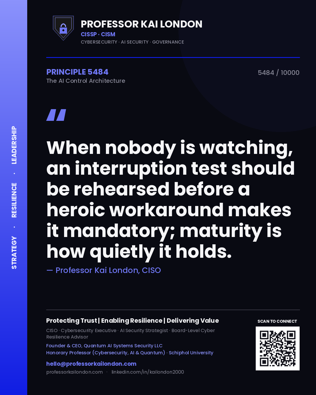 Professor Kai London principle 5484: When nobody is watching, an interruption test should be rehearsed before a heroic workaround makes it mandatory; maturity is how quietly it holds.