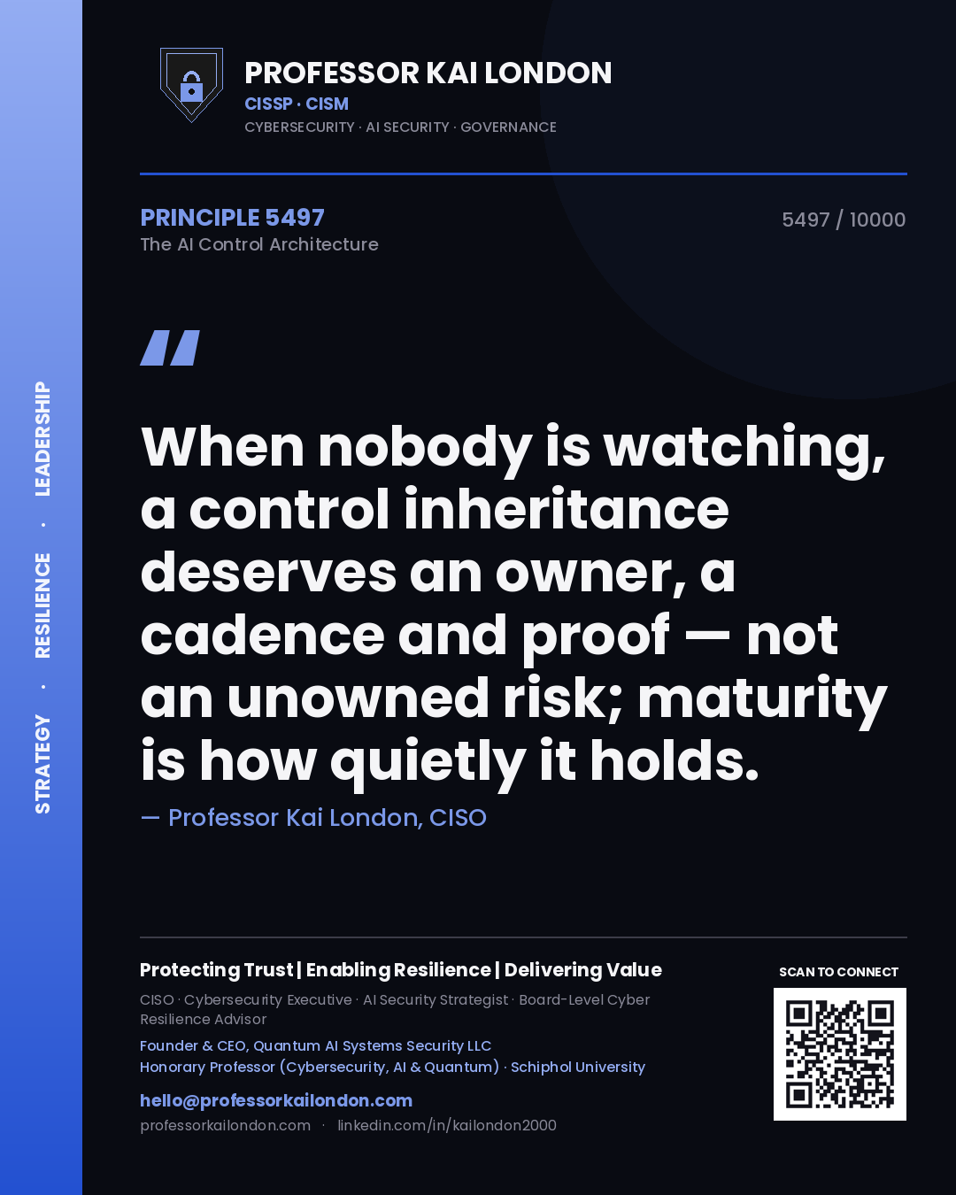 Quote card by Professor Kai London reading 'When nobody is watching, a control inheritance deserves an owner, a cadence and proof — not an unowned risk; maturity is how quietly it holds.'. From the book The AI Control Architecture.