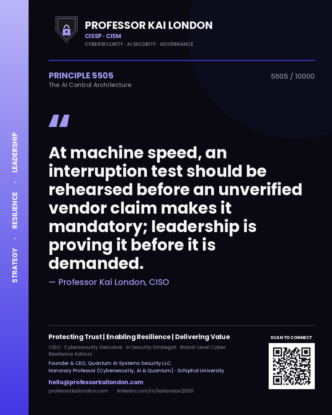 Quote card by Professor Kai London reading 'At machine speed, an interruption test should be rehearsed before an unverified vendor claim makes it mandatory; leadership is proving it before it is demanded.'. From the book The AI Control Architecture.