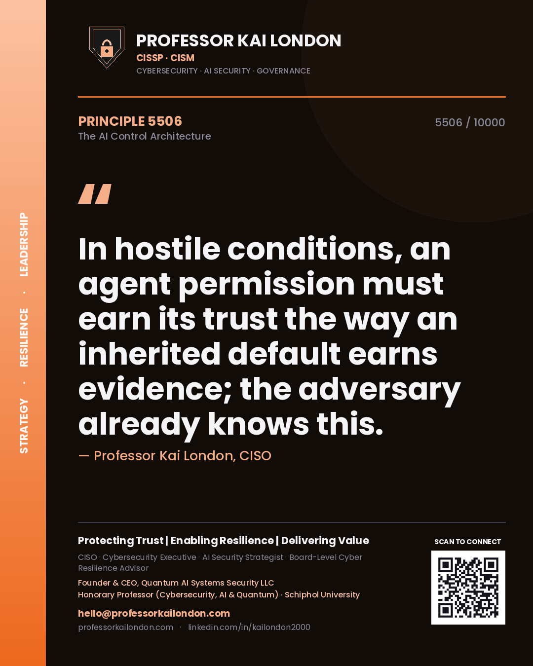 Professor Kai London principle 5506: In hostile conditions, an agent permission must earn its trust the way an inherited default earns evidence; the adversary already knows this.