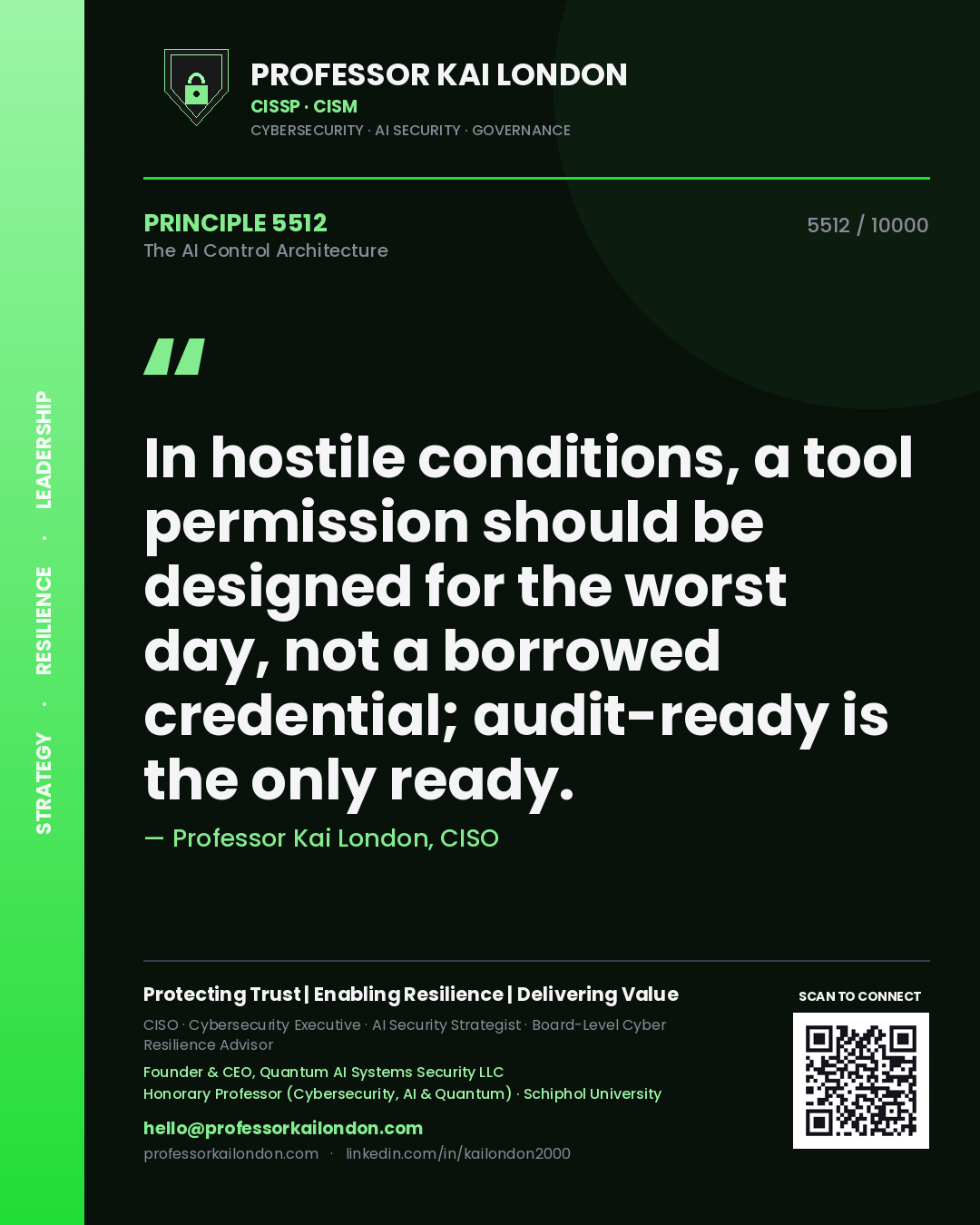 Professor Kai London principle 5512: In hostile conditions, a tool permission should be designed for the worst day, not a borrowed credential; audit-ready is the only ready.