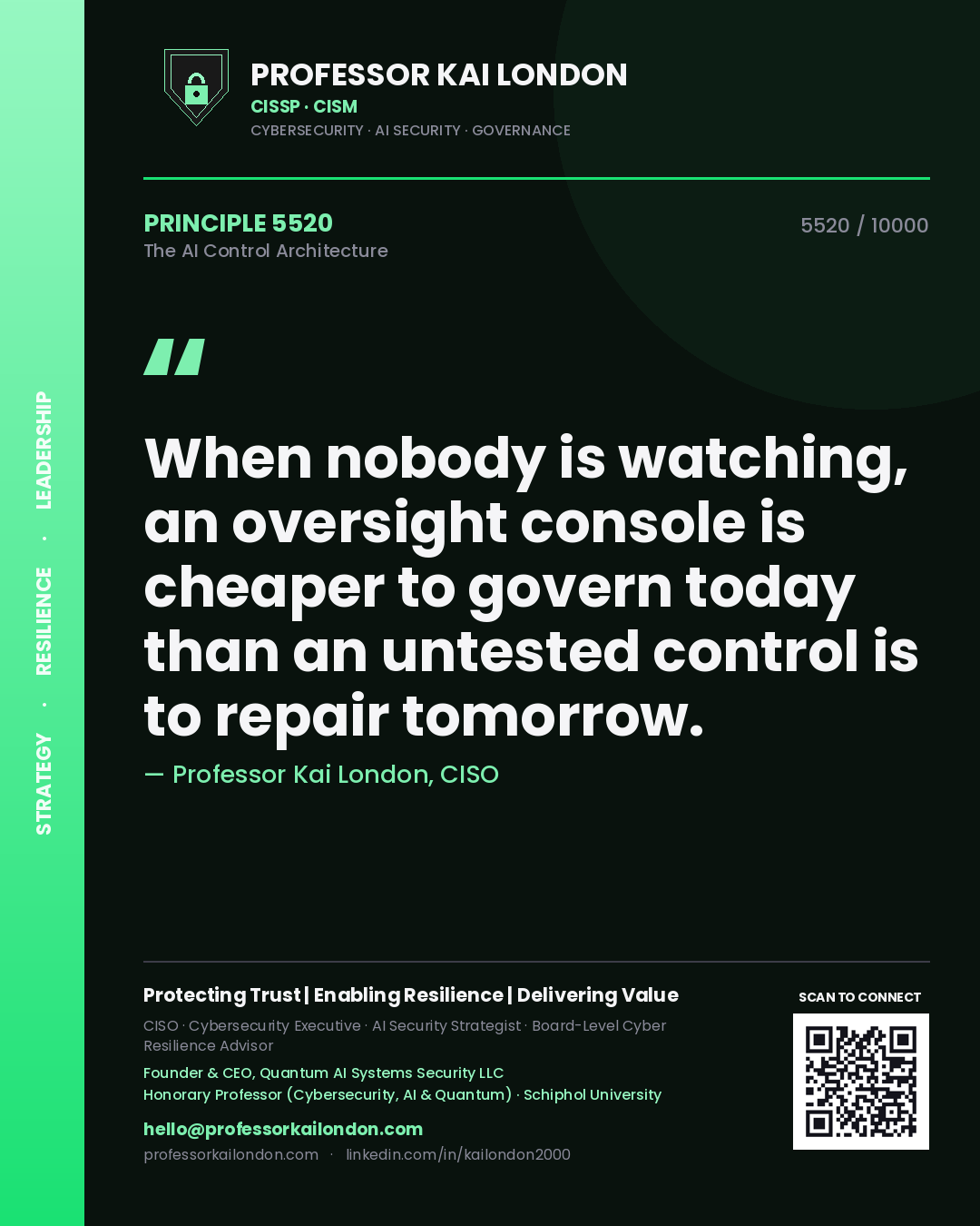 Professor Kai London principle 5520: When nobody is watching, an oversight console is cheaper to govern today than an untested control is to repair tomorrow.
