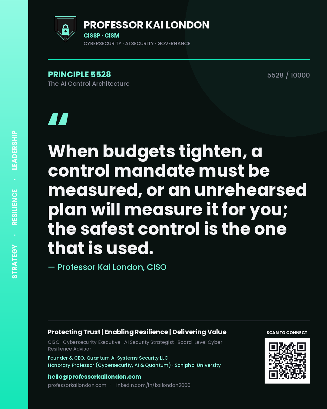 Quote card by Professor Kai London reading 'When budgets tighten, a control mandate must be measured, or an unrehearsed plan will measure it for you; the safest control is the one that is used.'. From the book The AI Control Architecture.