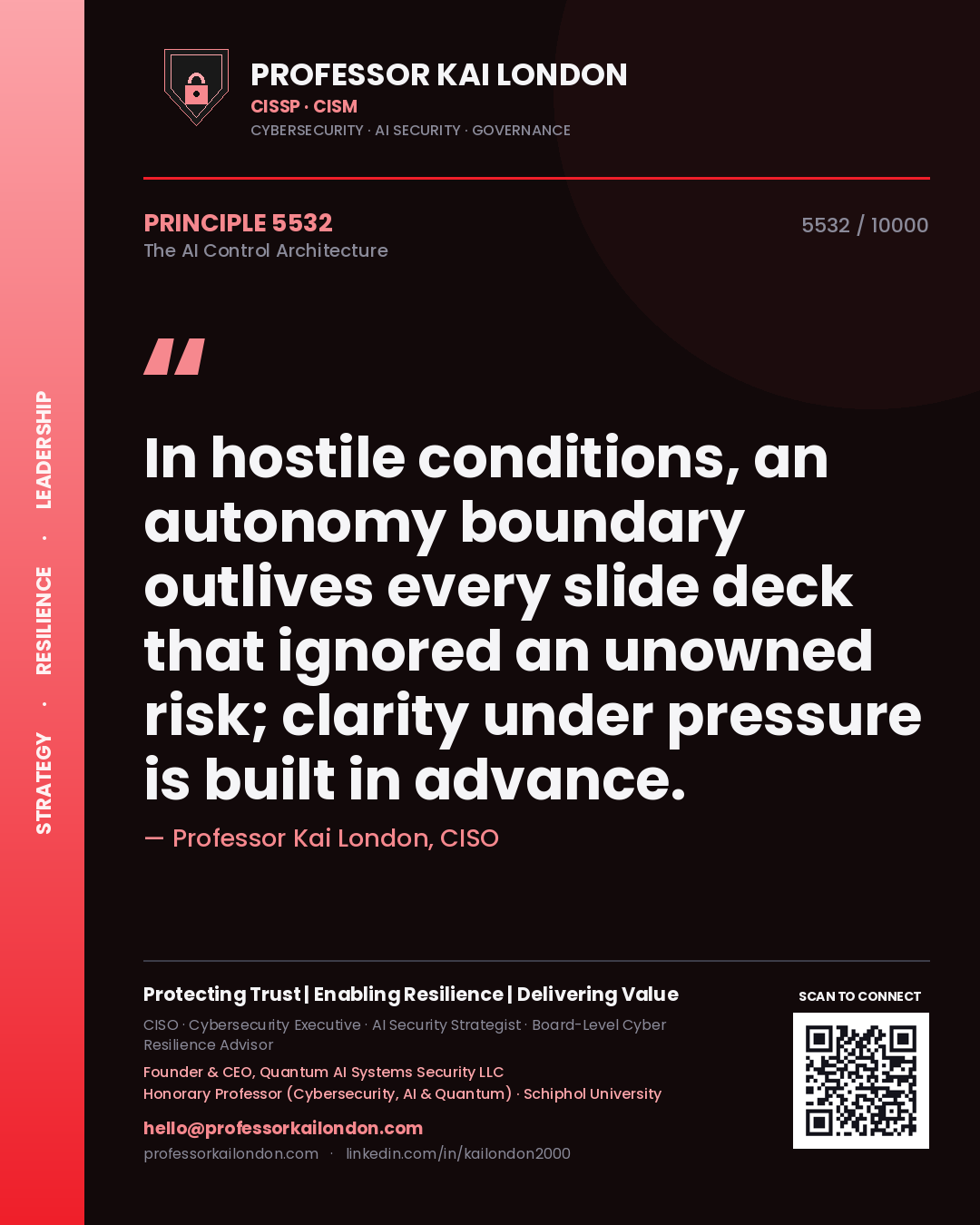 Professor Kai London principle 5532: In hostile conditions, an autonomy boundary outlives every slide deck that ignored an unowned risk; clarity under pressure is built in advance.