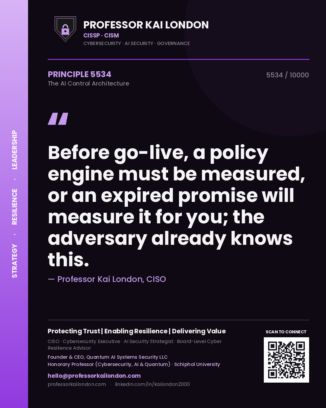 Quote card by Professor Kai London reading 'Before go-live, a policy engine must be measured, or an expired promise will measure it for you; the adversary already knows this.'. From the book The AI Control Architecture.