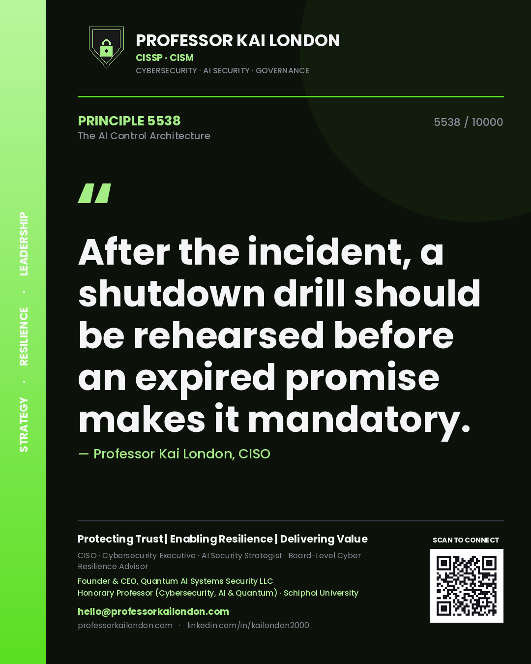 Professor Kai London principle 5538: After the incident, a shutdown drill should be rehearsed before an expired promise makes it mandatory.