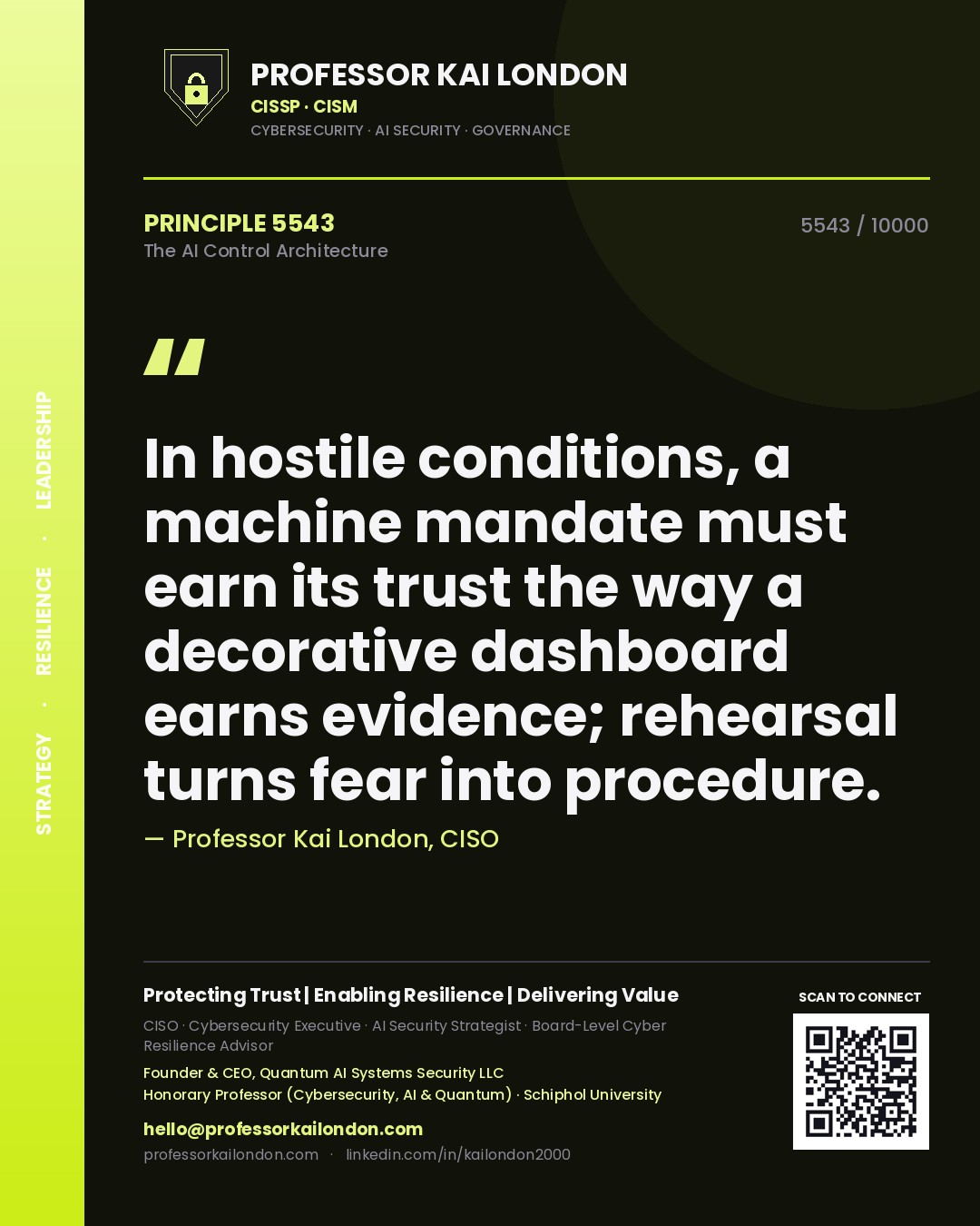 Quote card by Professor Kai London reading 'In hostile conditions, a machine mandate must earn its trust the way a decorative dashboard earns evidence; rehearsal turns fear into procedure.'. From the book The AI Control Architecture.