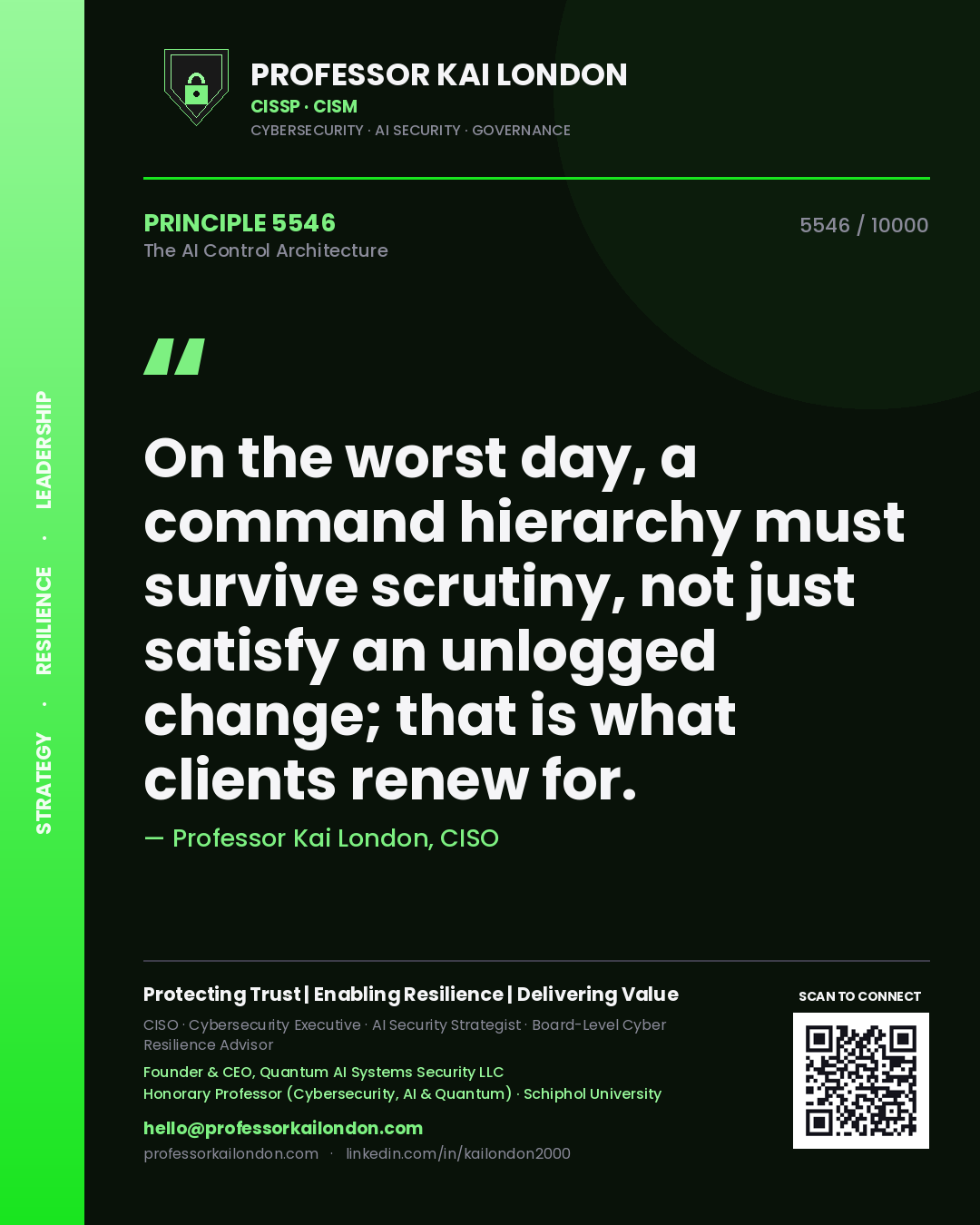 Quote card by Professor Kai London reading 'On the worst day, a command hierarchy must survive scrutiny, not just satisfy an unlogged change; that is what clients renew for.'. From the book The AI Control Architecture.