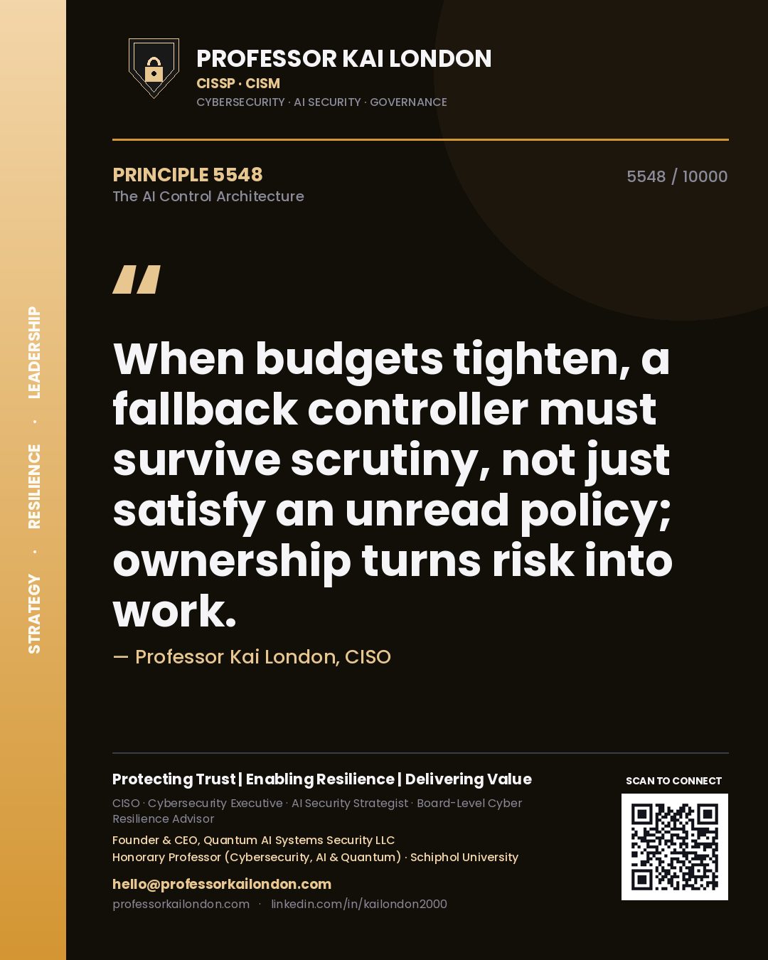 Quote card by Professor Kai London reading 'When budgets tighten, a fallback controller must survive scrutiny, not just satisfy an unread policy; ownership turns risk into work.'. From the book The AI Control Architecture.