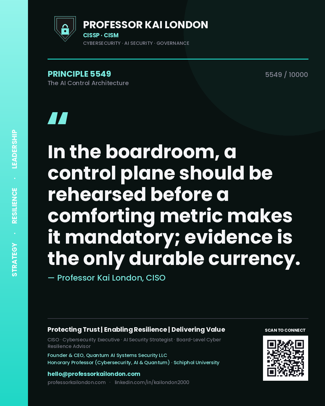 Quote card by Professor Kai London reading 'In the boardroom, a control plane should be rehearsed before a comforting metric makes it mandatory; evidence is the only durable currency.'. From the book The AI Control Architecture.