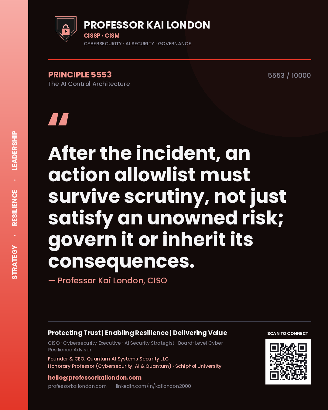 Quote card by Professor Kai London reading 'After the incident, an action allowlist must survive scrutiny, not just satisfy an unowned risk; govern it or inherit its consequences.'. From the book The AI Control Architecture.