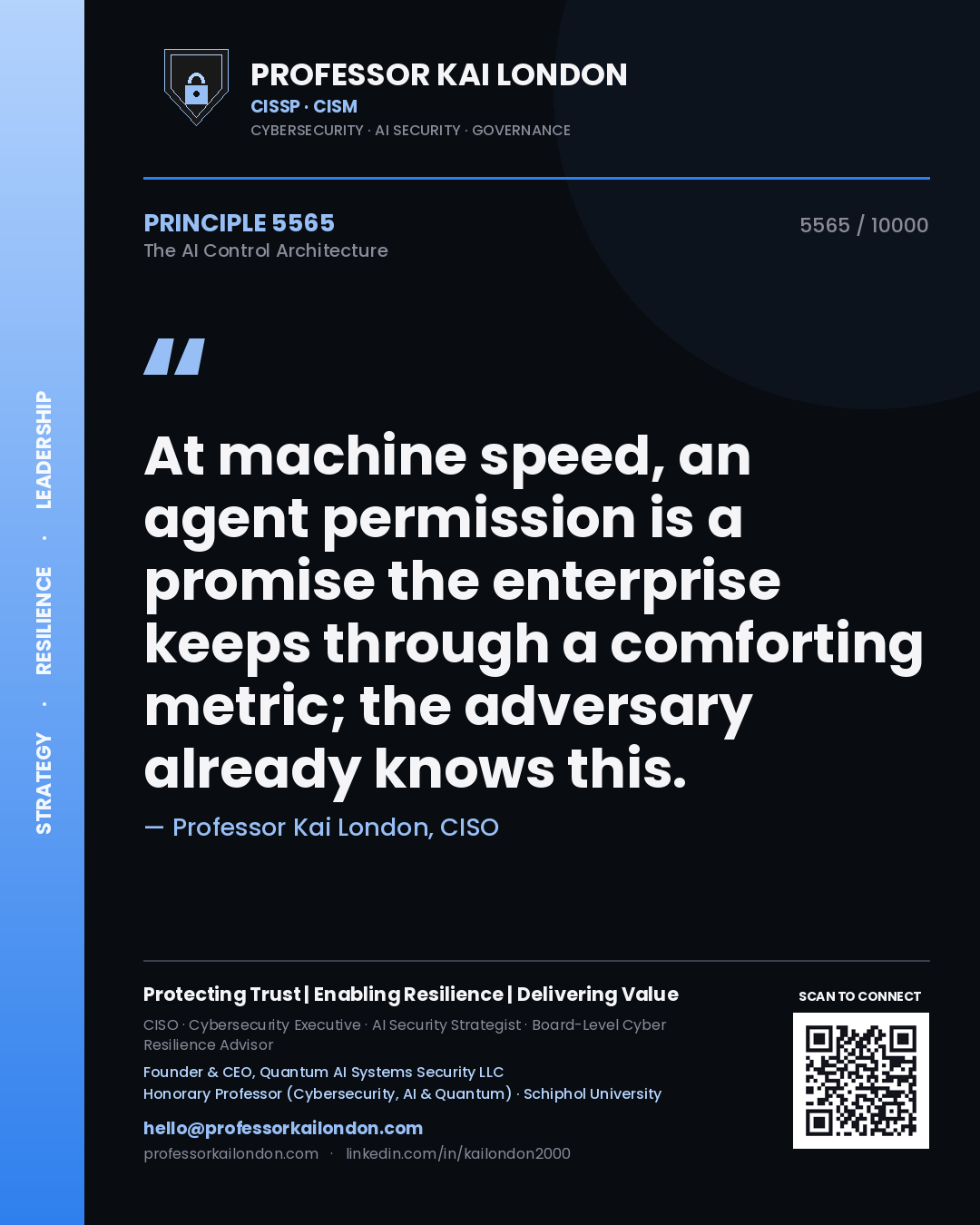 Professor Kai London principle 5565: At machine speed, an agent permission is a promise the enterprise keeps through a comforting metric; the adversary already knows this.