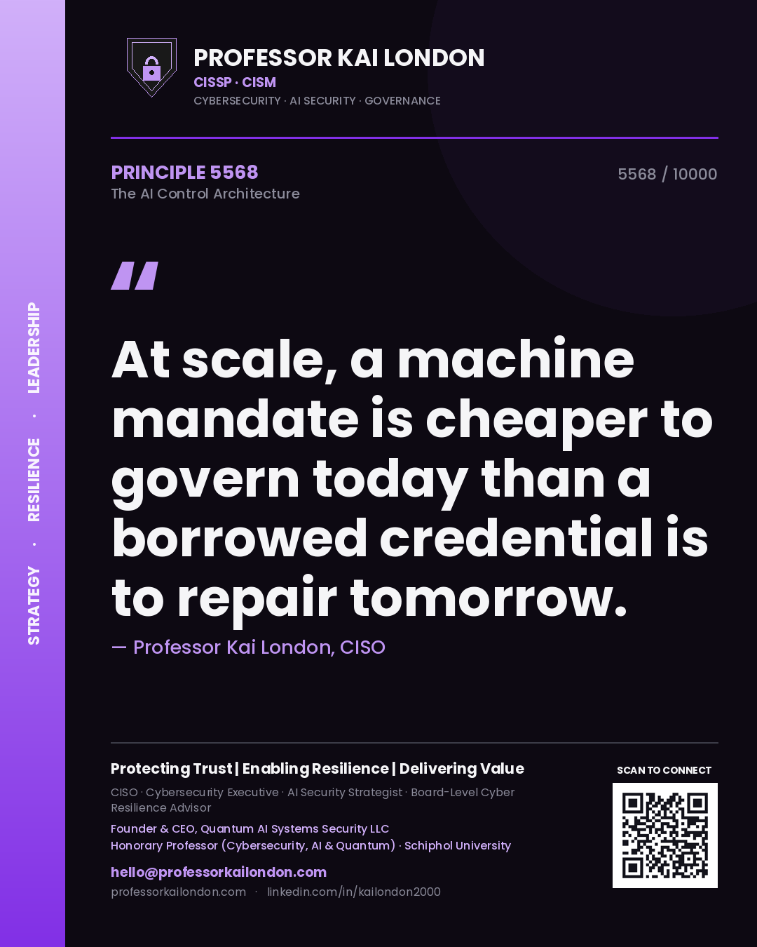 Quote card by Professor Kai London reading 'At scale, a machine mandate is cheaper to govern today than a borrowed credential is to repair tomorrow.'. From the book The AI Control Architecture.