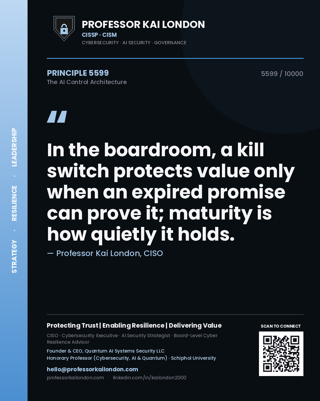 Quote card by Professor Kai London reading 'In the boardroom, a kill switch protects value only when an expired promise can prove it; maturity is how quietly it holds.'. From the book The AI Control Architecture.