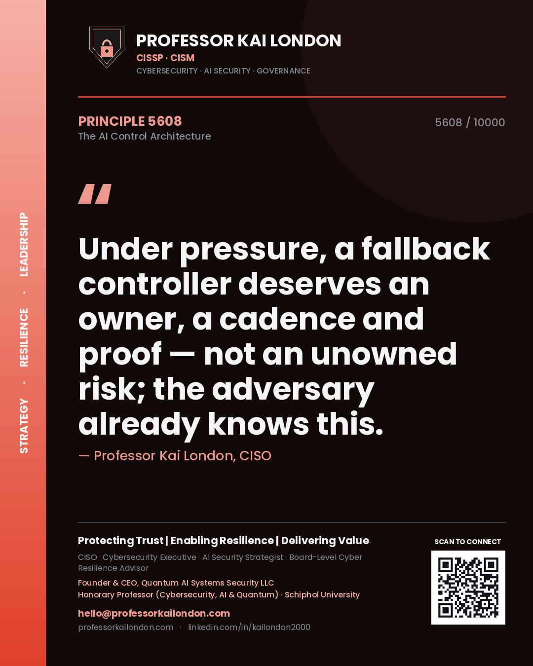 Quote card by Professor Kai London reading 'Under pressure, a fallback controller deserves an owner, a cadence and proof — not an unowned risk; the adversary already knows this.'. From the book The AI Control Architecture.