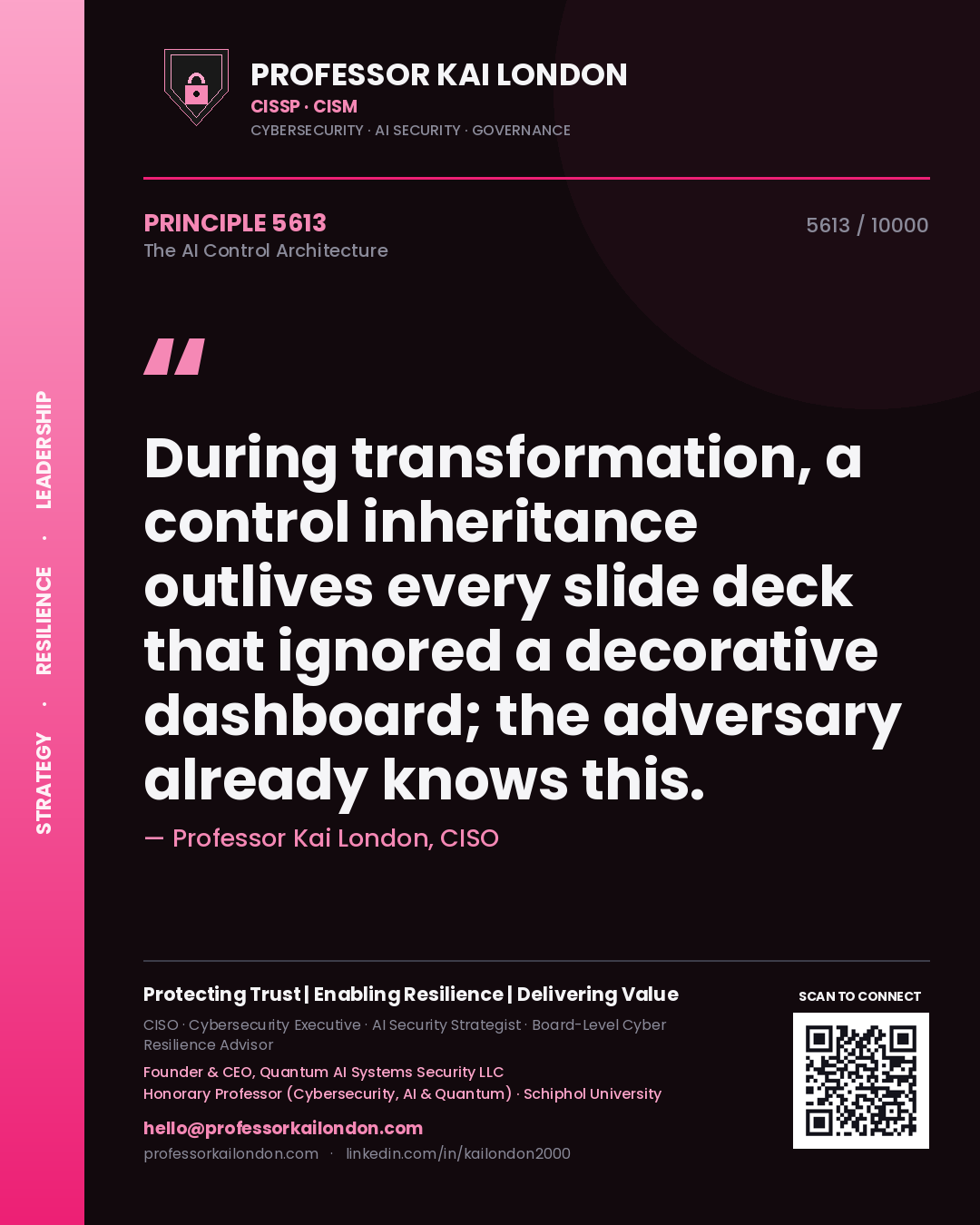 Professor Kai London principle 5613: During transformation, a control inheritance outlives every slide deck that ignored a decorative dashboard; the adversary already knows this.