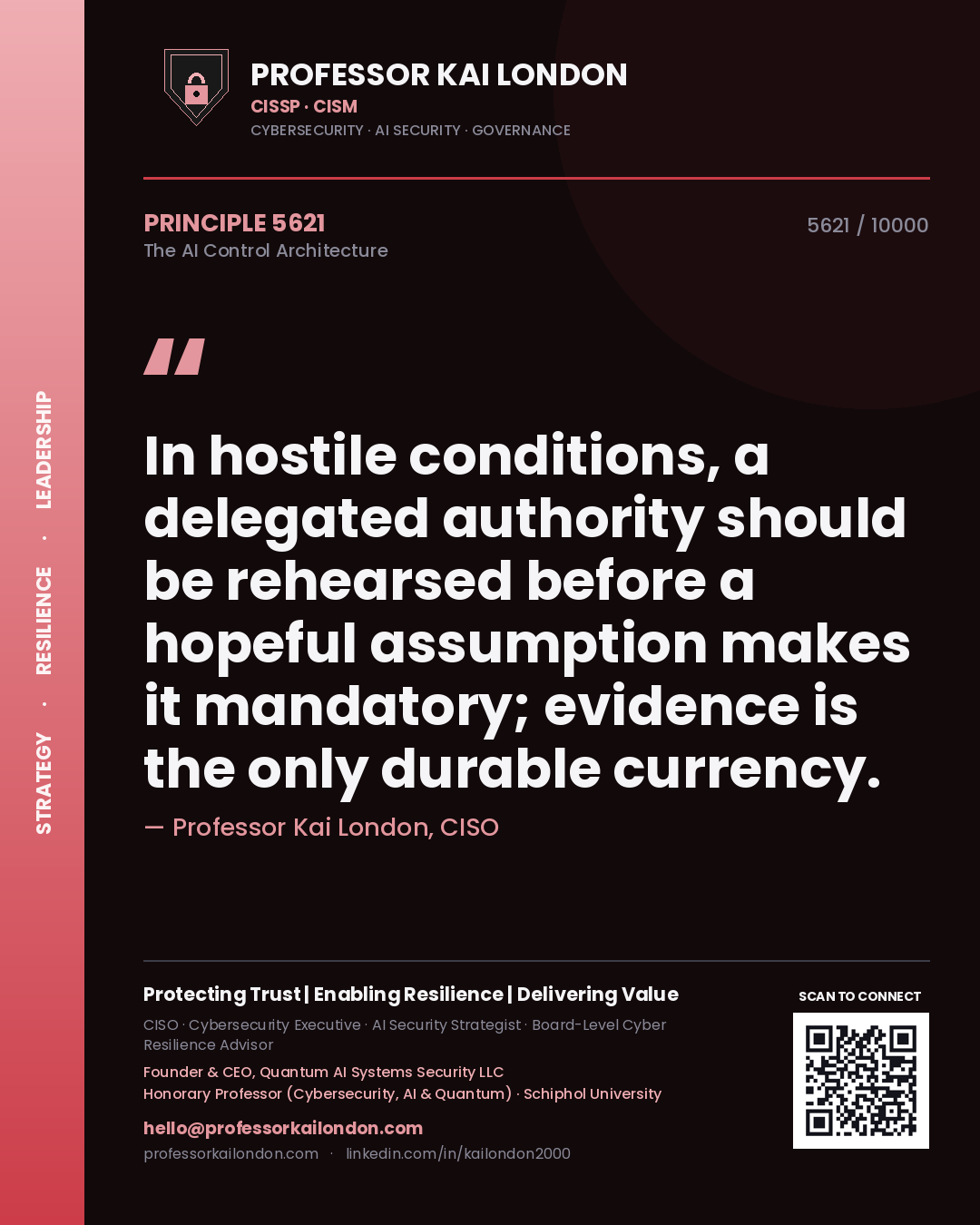 Quote card by Professor Kai London reading 'In hostile conditions, a delegated authority should be rehearsed before a hopeful assumption makes it mandatory; evidence is the only durable currency.'. From the book The AI Control Architecture.