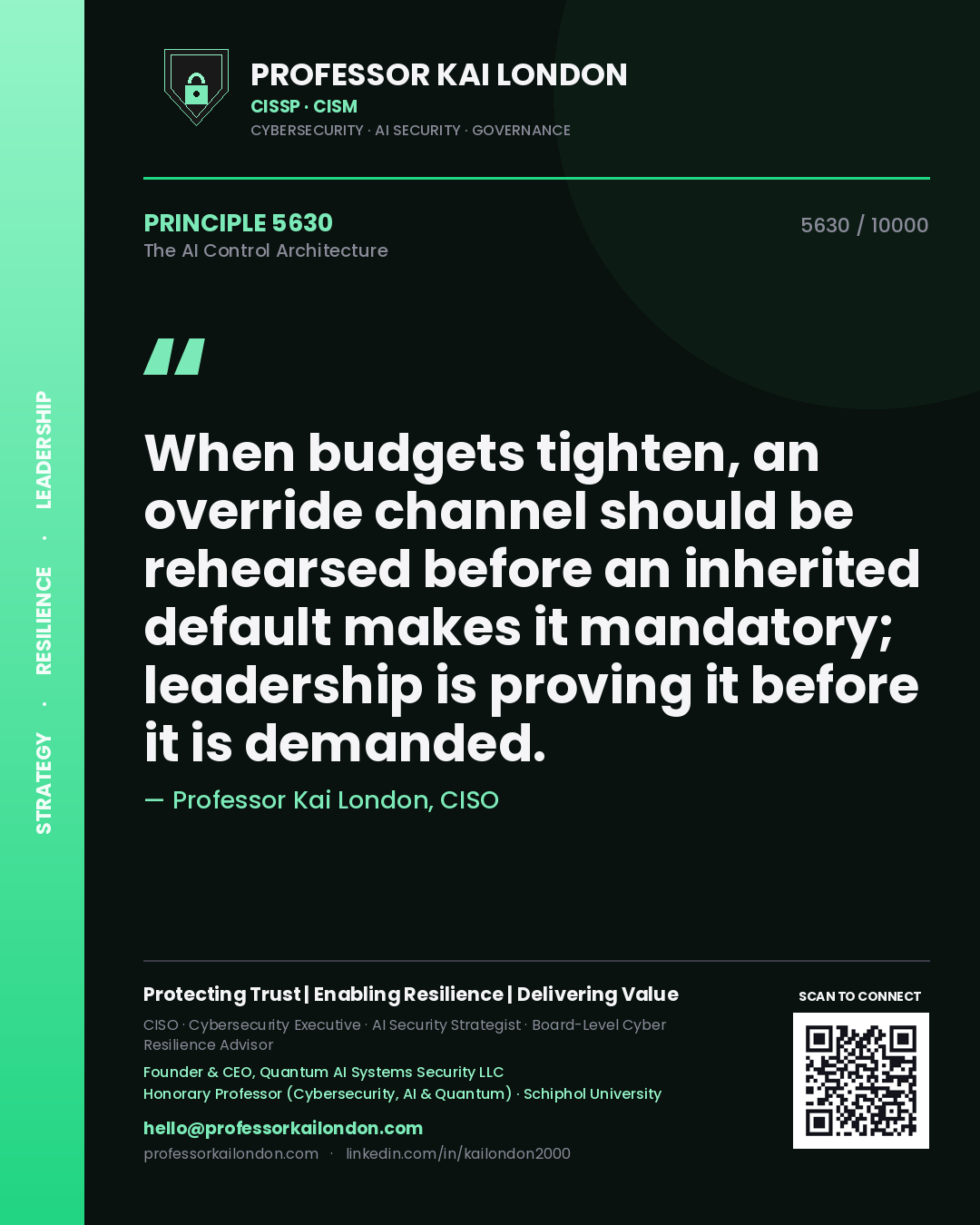 Professor Kai London principle 5630: When budgets tighten, an override channel should be rehearsed before an inherited default makes it mandatory; leadership is proving it before it is demanded.