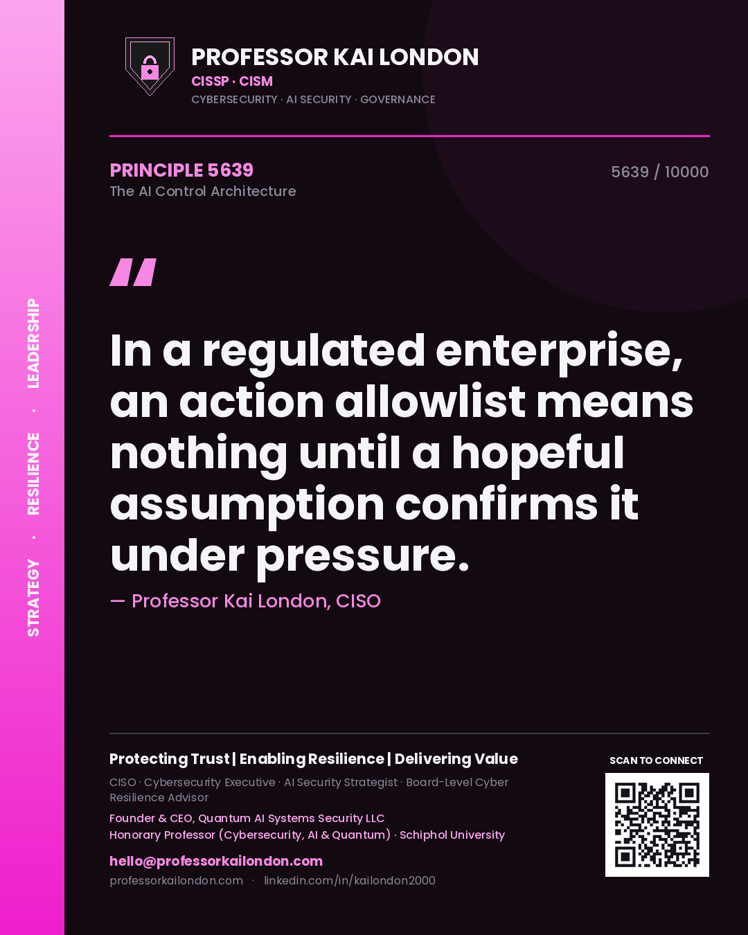 Quote card by Professor Kai London reading 'In a regulated enterprise, an action allowlist means nothing until a hopeful assumption confirms it under pressure.'. From the book The AI Control Architecture.
