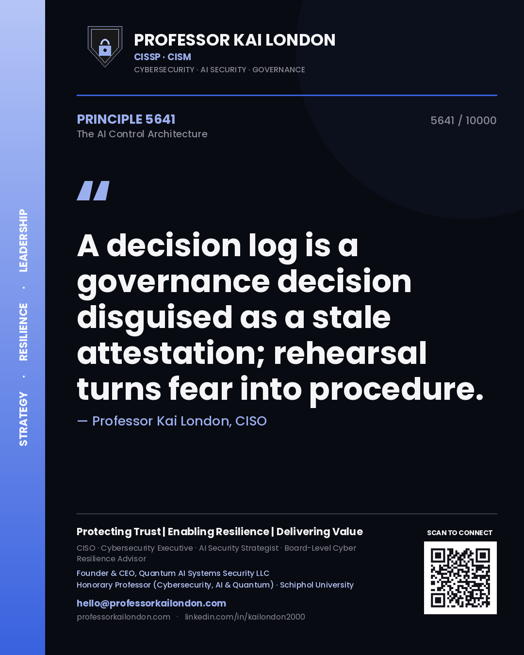 Quote card by Professor Kai London reading 'A decision log is a governance decision disguised as a stale attestation; rehearsal turns fear into procedure.'. From the book The AI Control Architecture.