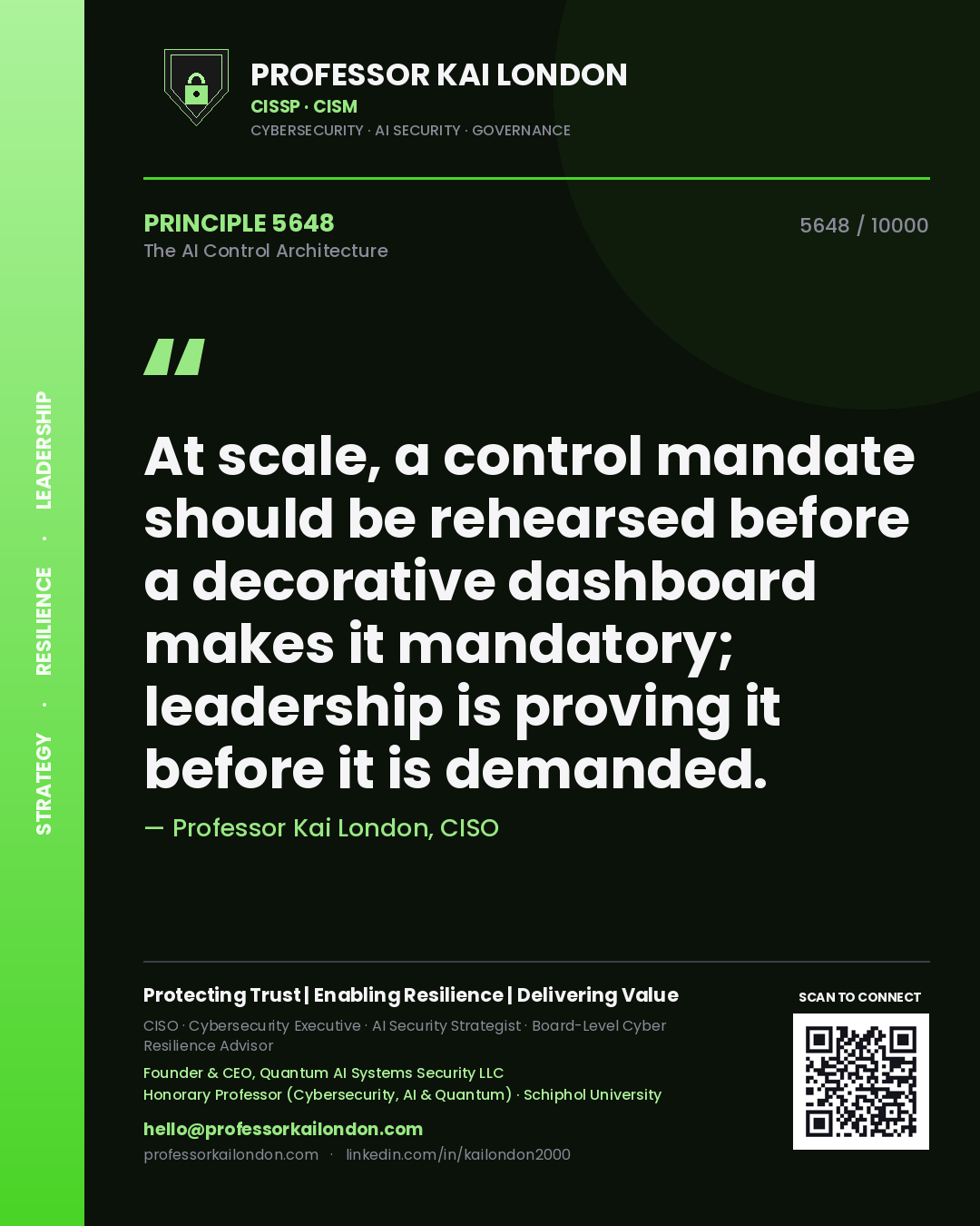 Quote card by Professor Kai London reading 'At scale, a control mandate should be rehearsed before a decorative dashboard makes it mandatory; leadership is proving it before it is demanded.'. From the book The AI Control Architecture.