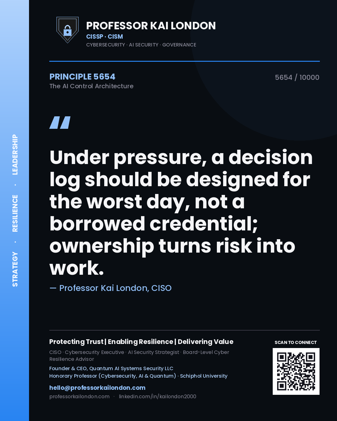 Professor Kai London principle 5654: Under pressure, a decision log should be designed for the worst day, not a borrowed credential; ownership turns risk into work.