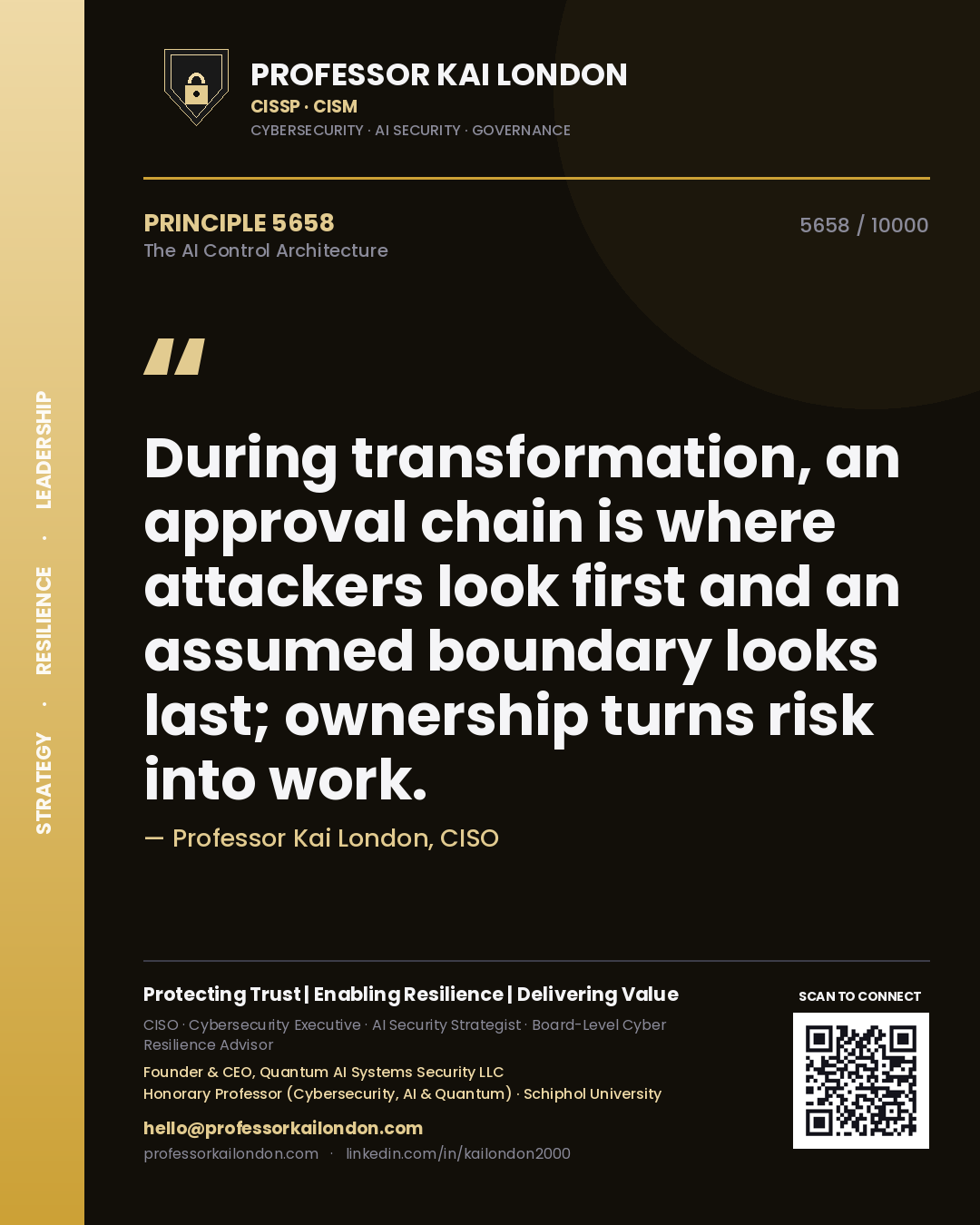 Quote card by Professor Kai London reading 'During transformation, an approval chain is where attackers look first and an assumed boundary looks last; ownership turns risk into work.'. From the book The AI Control Architecture.