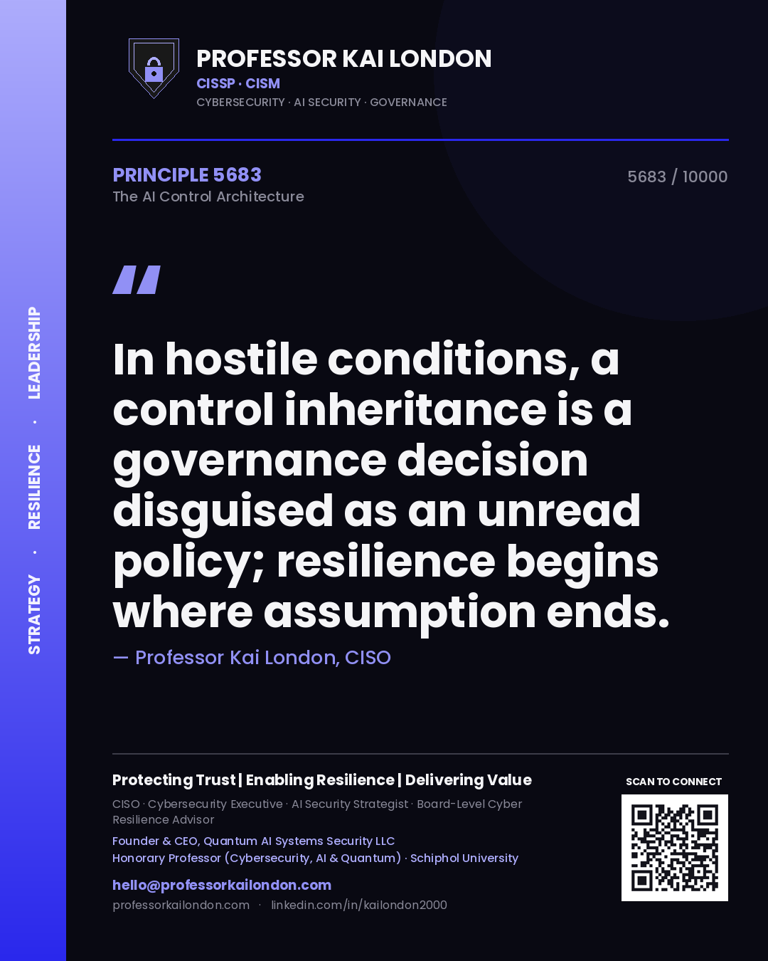 Quote card by Professor Kai London reading 'In hostile conditions, a control inheritance is a governance decision disguised as an unread policy; resilience begins where assumption ends.'. From the book The AI Control Architecture.