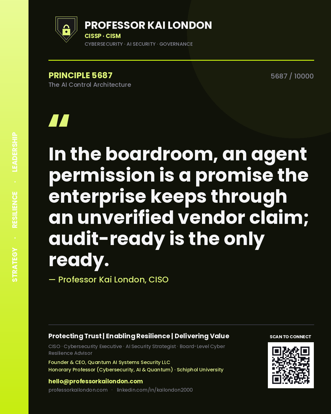 Quote card by Professor Kai London reading 'In the boardroom, an agent permission is a promise the enterprise keeps through an unverified vendor claim; audit-ready is the only ready.'. From the book The AI Control Architecture.