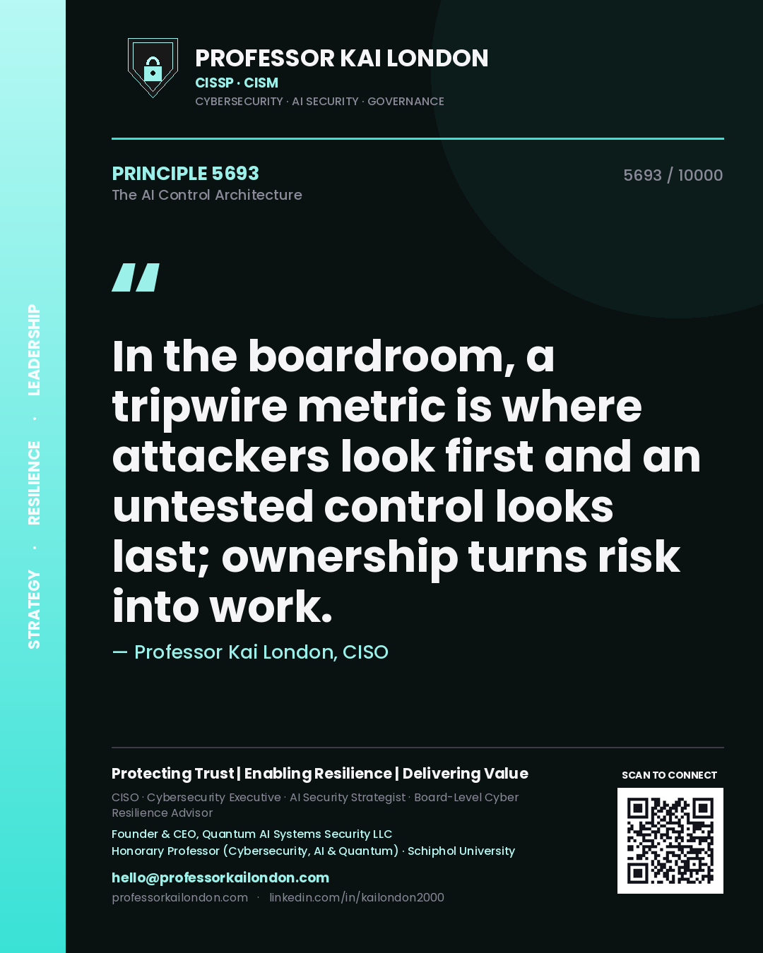 Professor Kai London principle 5693: In the boardroom, a tripwire metric is where attackers look first and an untested control looks last; ownership turns risk into work.