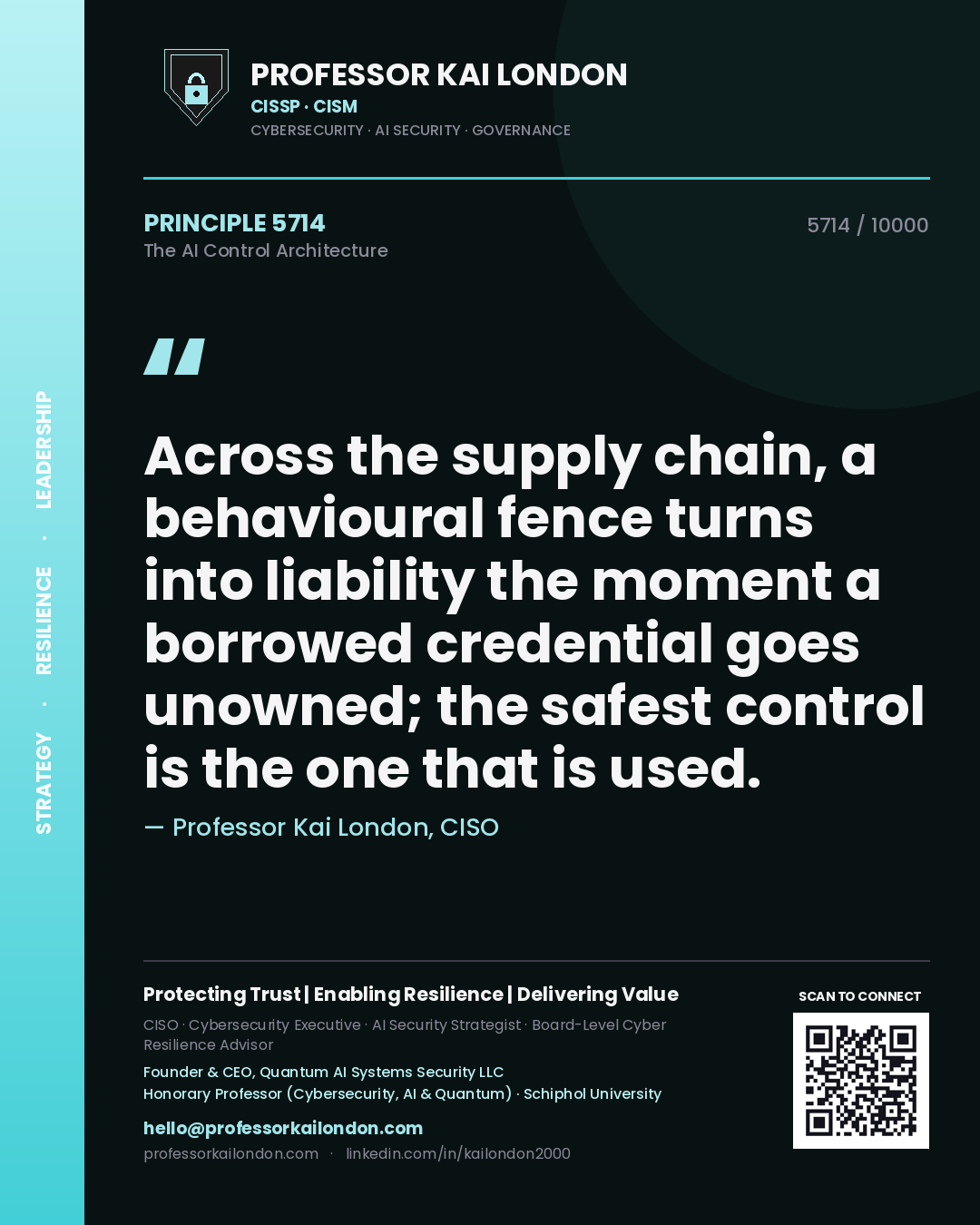 Professor Kai London principle 5714: Across the supply chain, a behavioural fence turns into liability the moment a borrowed credential goes unowned; the safest control is the one that is used.