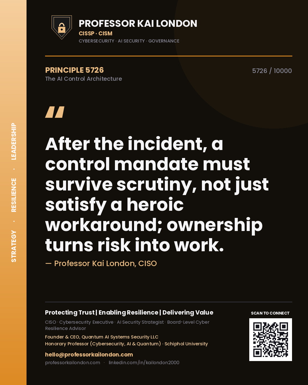 Quote card by Professor Kai London reading 'After the incident, a control mandate must survive scrutiny, not just satisfy a heroic workaround; ownership turns risk into work.'. From the book The AI Control Architecture.