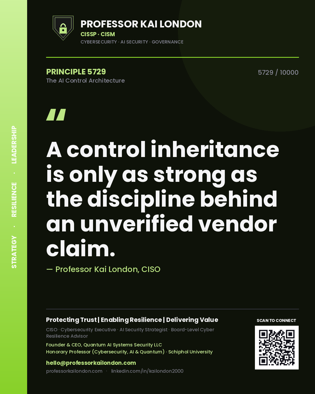 Quote card by Professor Kai London reading 'A control inheritance is only as strong as the discipline behind an unverified vendor claim.'. From the book The AI Control Architecture.